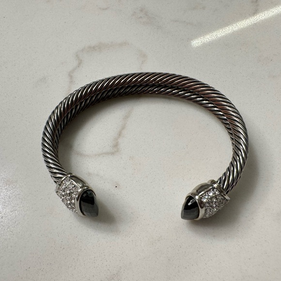 Cable Cuff Bracelet with Black Crystals and CZ, Silver Tone Adjustable Open Cuff - Picture 3 of 16